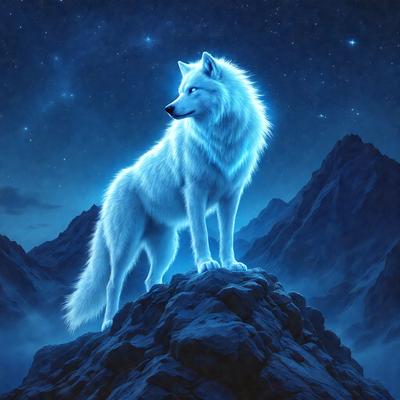 Primary subject: A wolf with a blue glow.
Setting/background: A mountain range with a blue sky.
Visual style: Digital art.
Colors and mood: The wolf has a blue glow, and the overall atmosphere is serene and majestic.